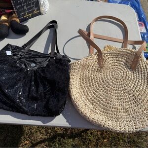 2 WOMENS tote handbags- 1 black sequin and 1 straw